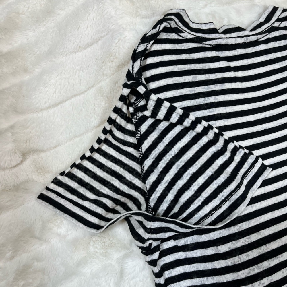 AllSaints S White Black Semisheer Striped Basic Slit Sleeve Casual Fall Tee